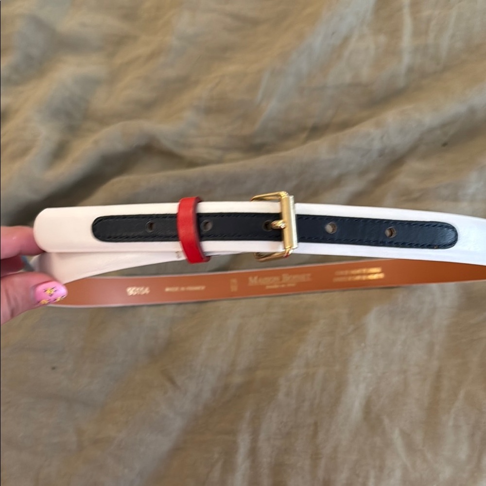 White and Black Leather Belt with Gold Buckle